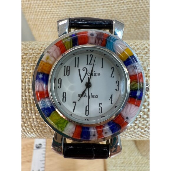 Venice Art Glass Watch With Multicolor Bezel & Black Leather Strap NOT TESTED - Picture 1 of 13